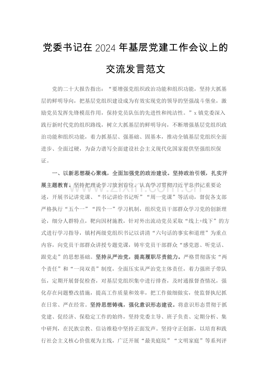 党委书记在2024年基层党建工作会议上的交流发言范文.docx_第1页
