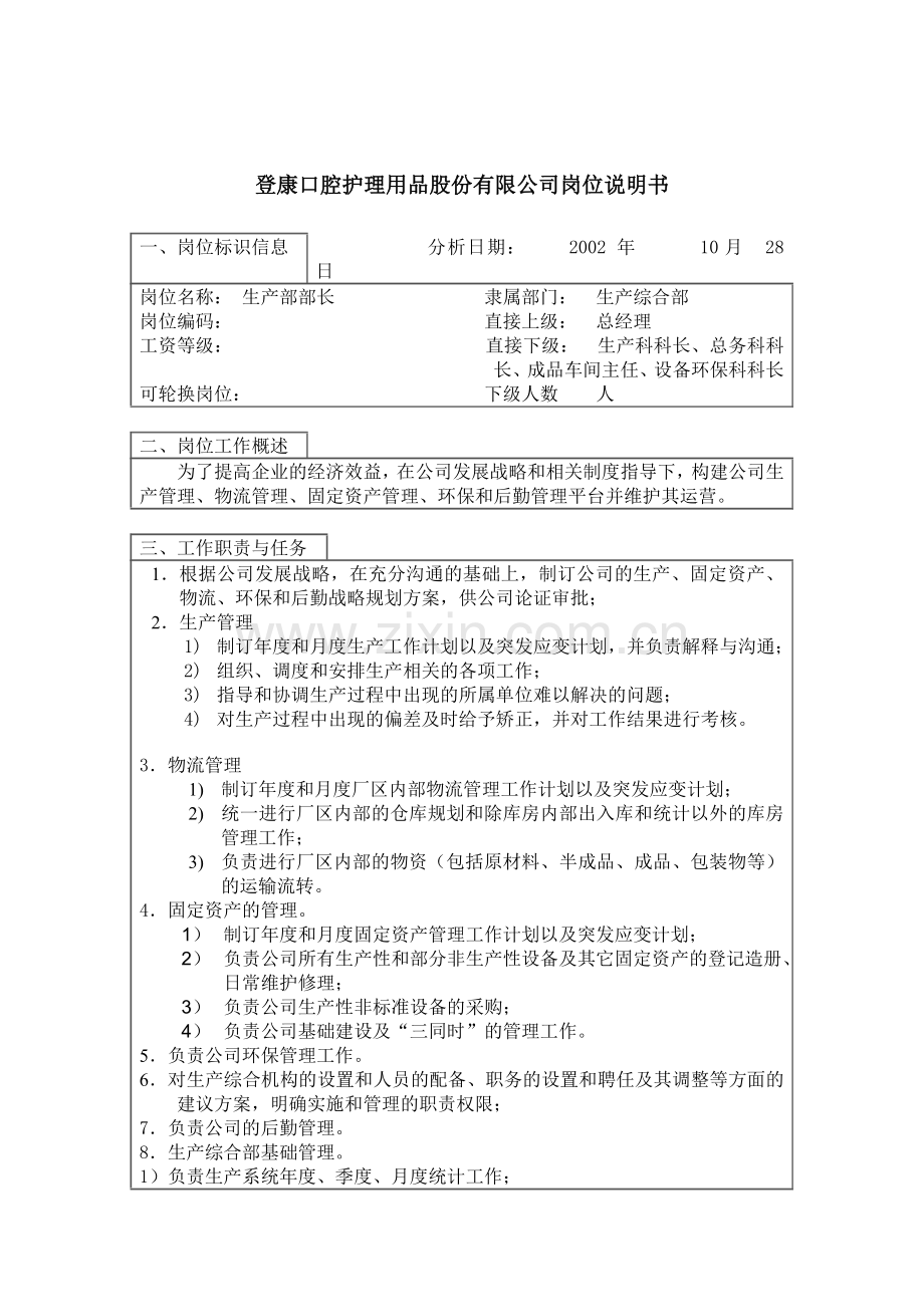 登康口腔护理用品股份有限公司生产部部长岗位说明书.docx_第1页