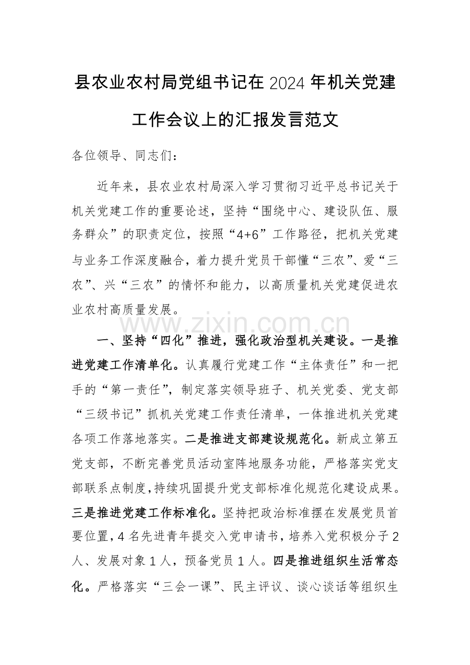 农业农村党组书记在2024年机关党建工作会议上的汇报发言范文.docx_第1页