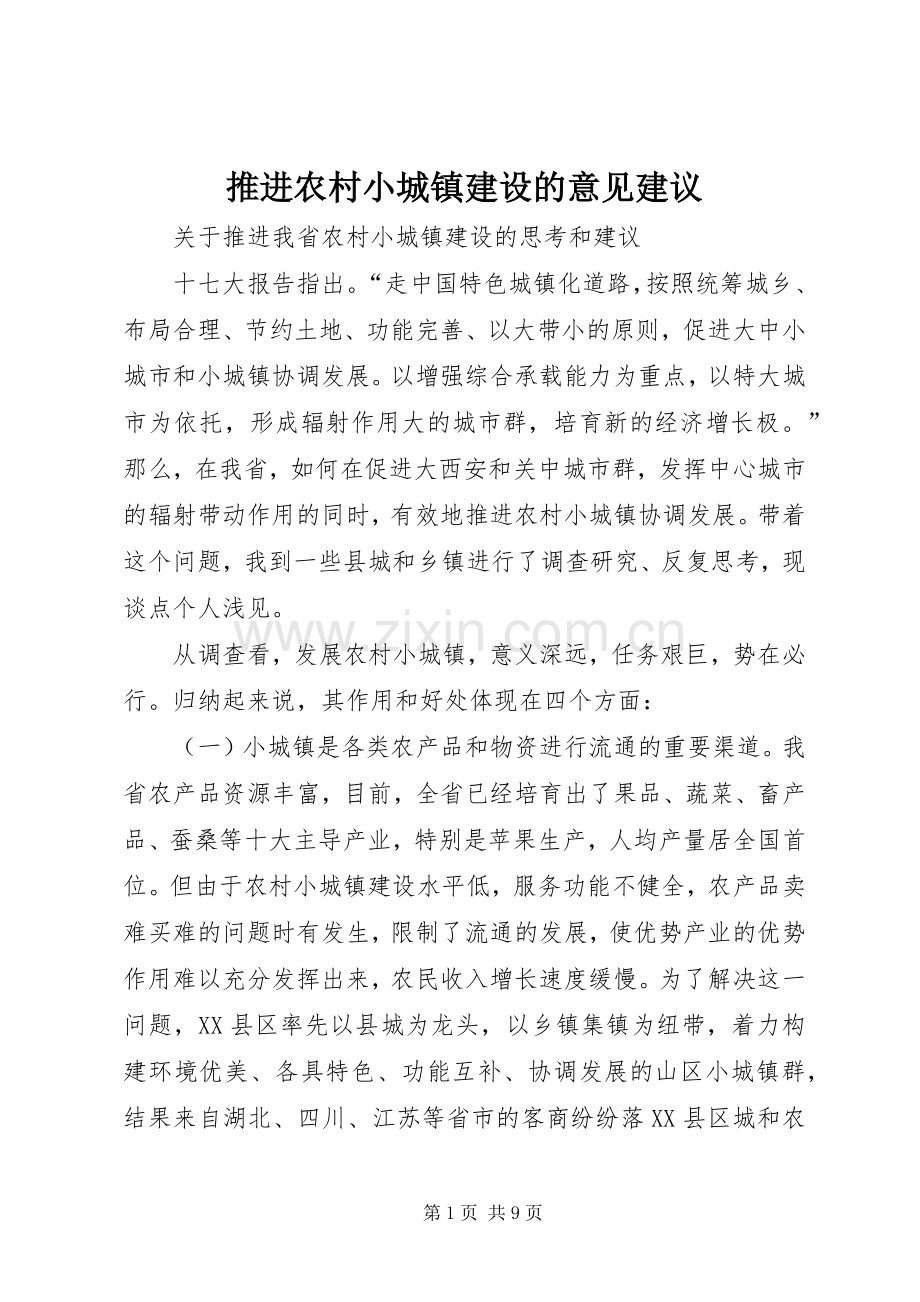 推进农村小城镇建设的意见建议 (2).docx_第1页