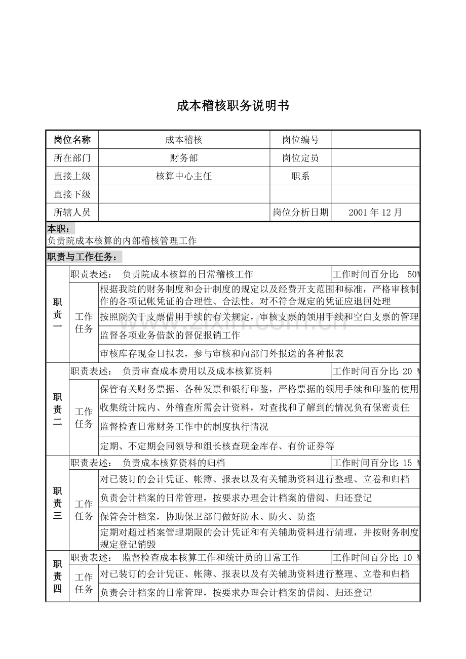 成本稽核职务说明书.docx_第1页