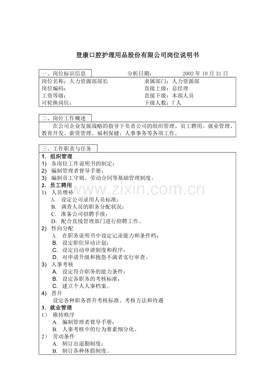 登康口腔护理用品股份有限公司人力资源部部长岗位说明书.docx_第1页