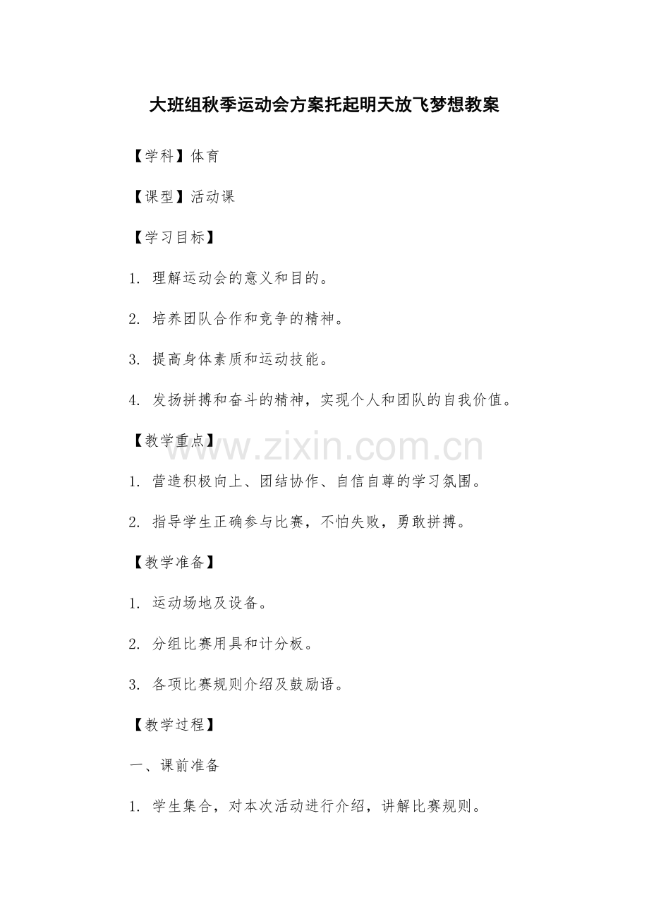 大班组秋季运动会方案托起明天放飞梦想教案.docx_第1页