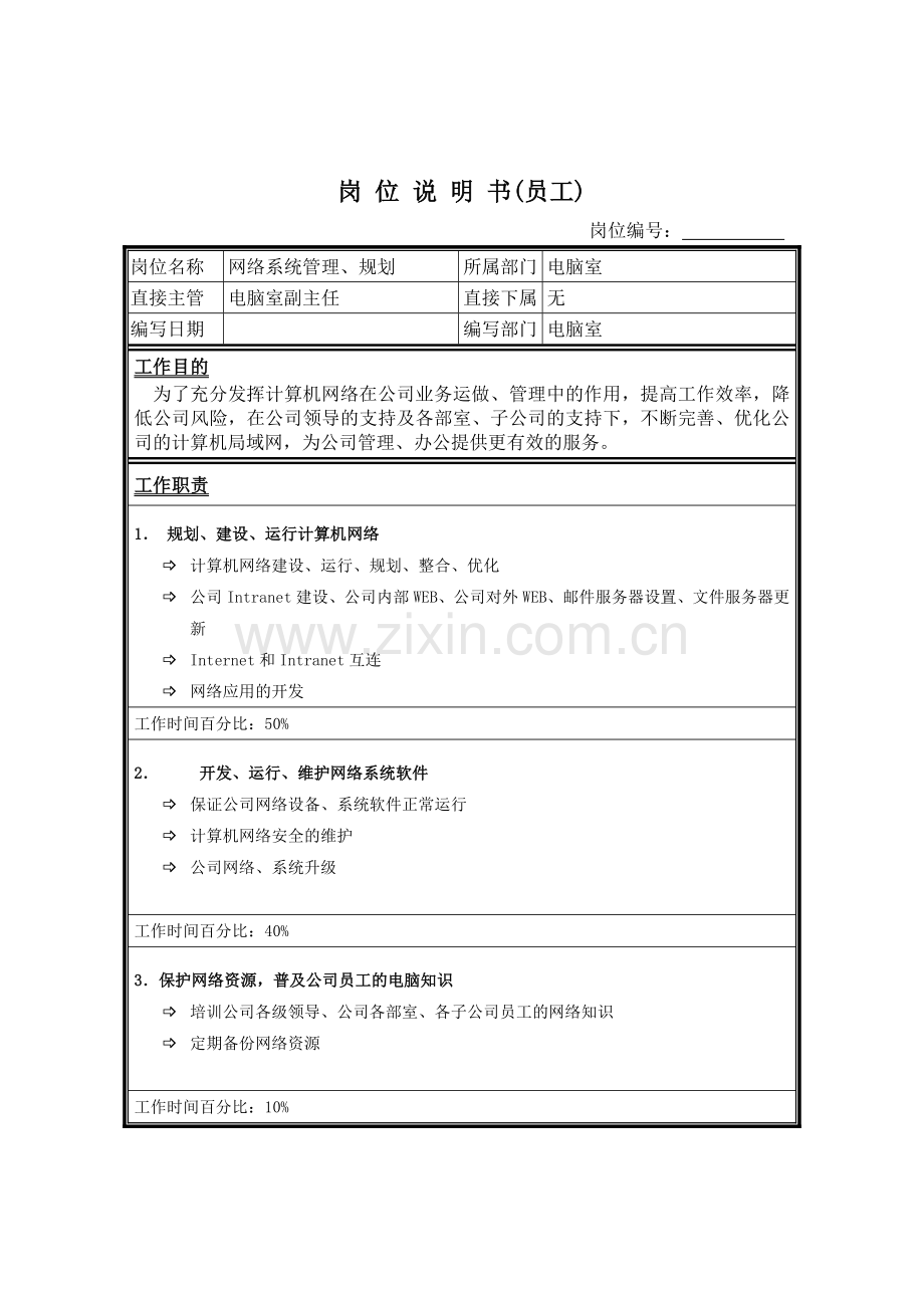 网络系统管理规划岗位说明书.docx_第1页