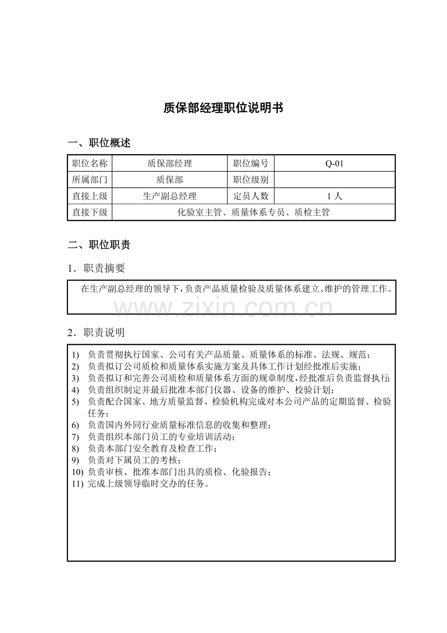 钢铁行业-质保部经理岗位说明书.docx_第1页