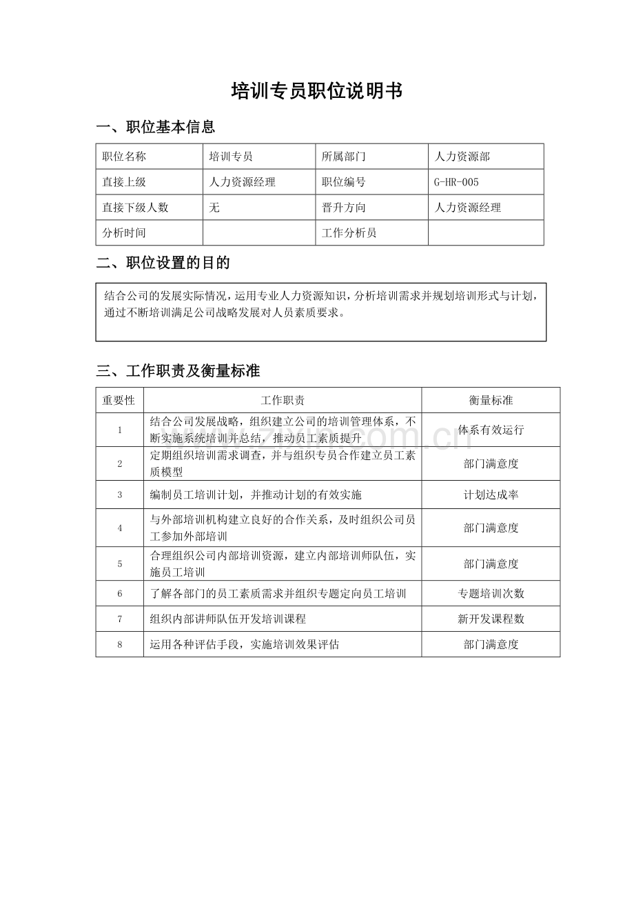 职位说明书（培训专员）.docx_第1页