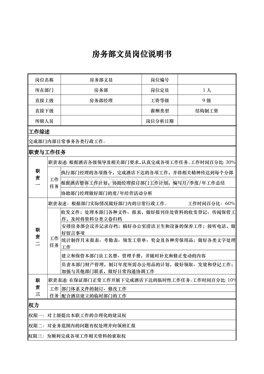 房务部文员岗位说明书.docx_第1页