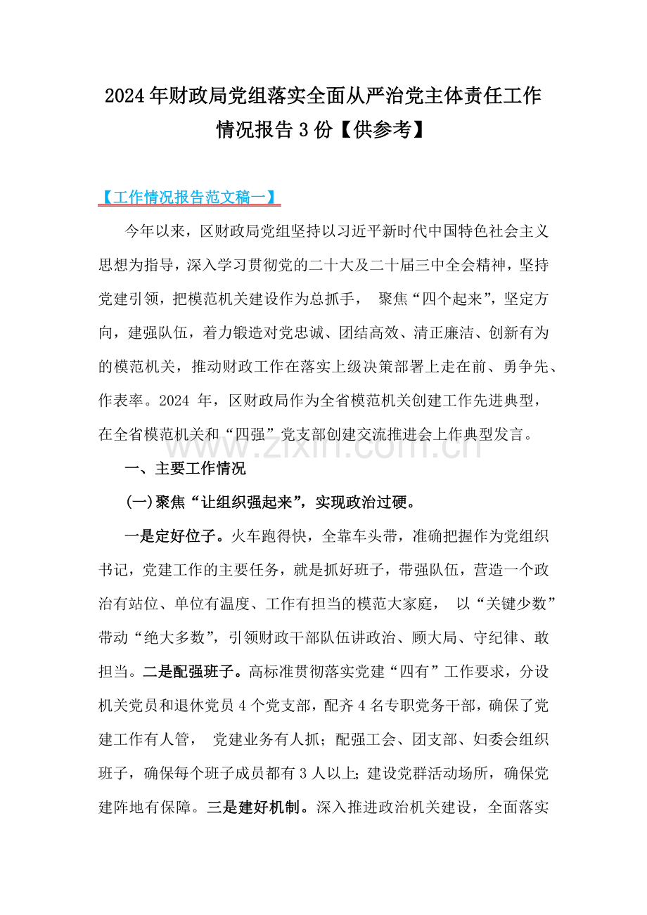 2024年财政局党组落实全面从严治党主体责任工作情况报告3份【供参考】.docx_第1页