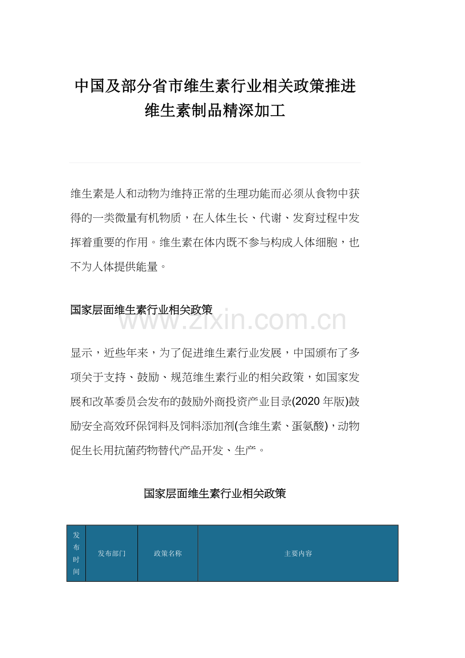 中国及部分省市维生素行业相关政策推进维生素制品精深加工.docx_第1页