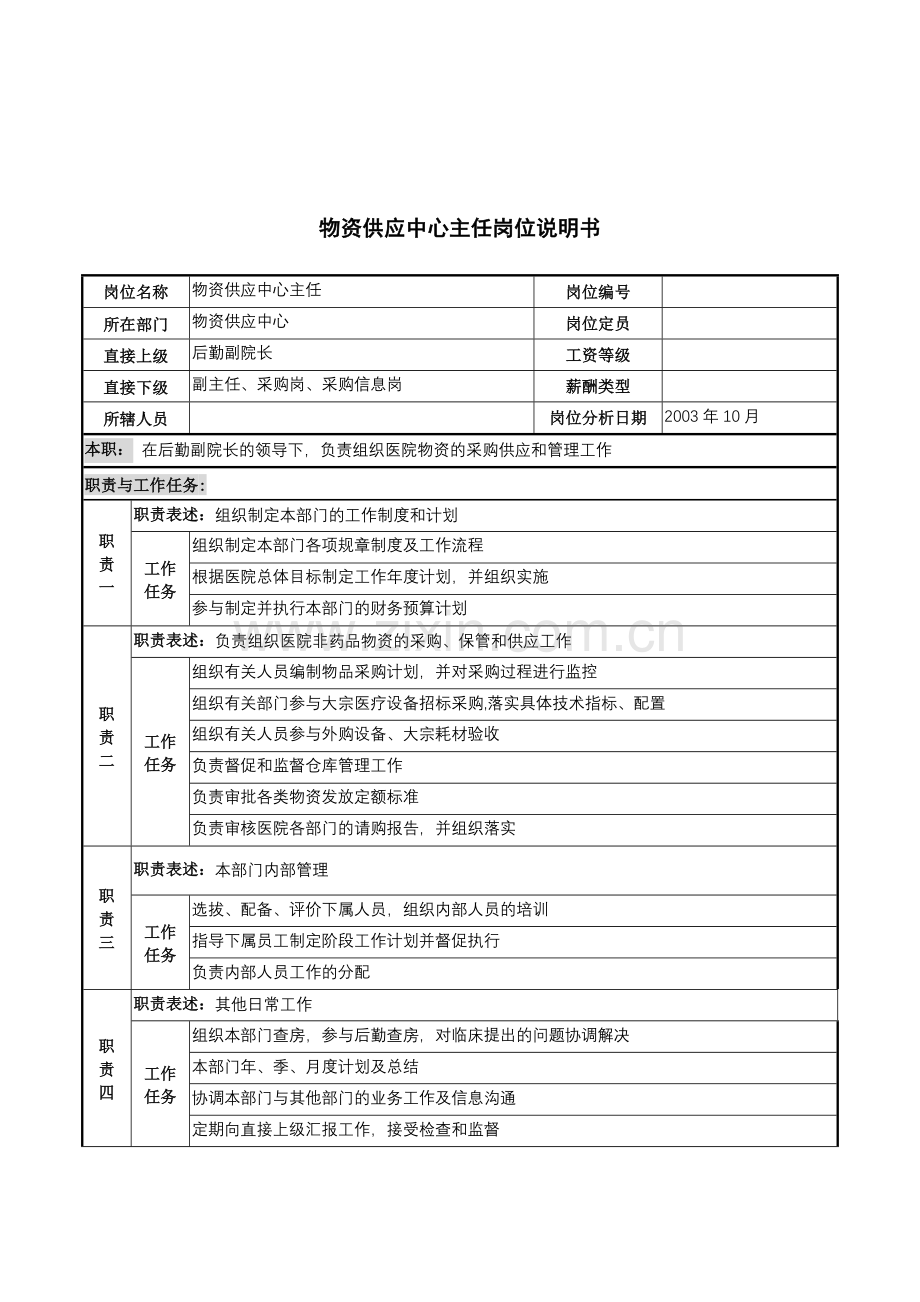 湖北新华医院物资供应中心主任岗位说明书.docx_第1页