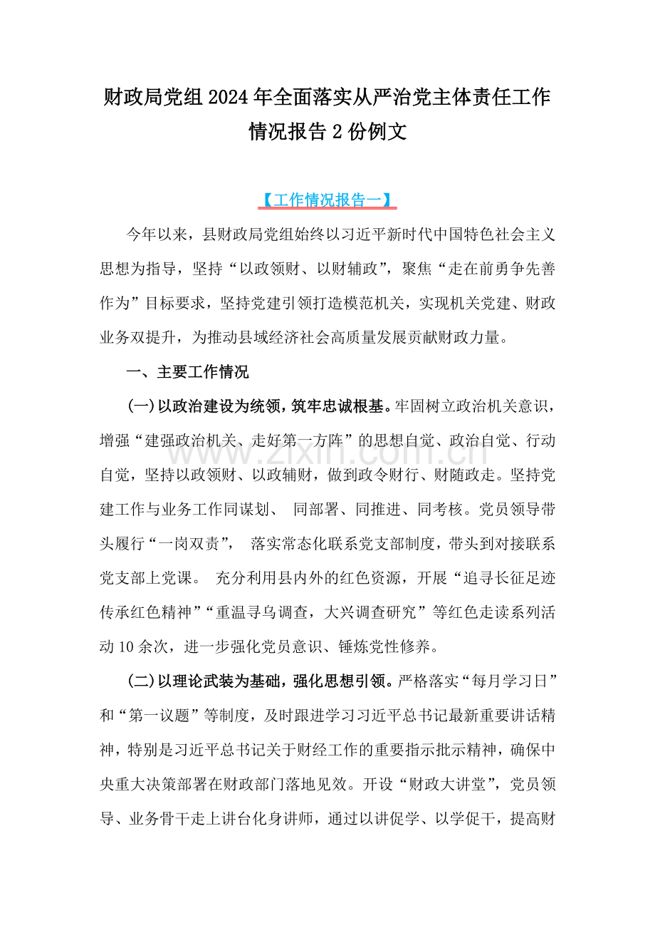 财政局党组2024年全面落实从严治党主体责任工作情况报告2份例文.docx_第1页