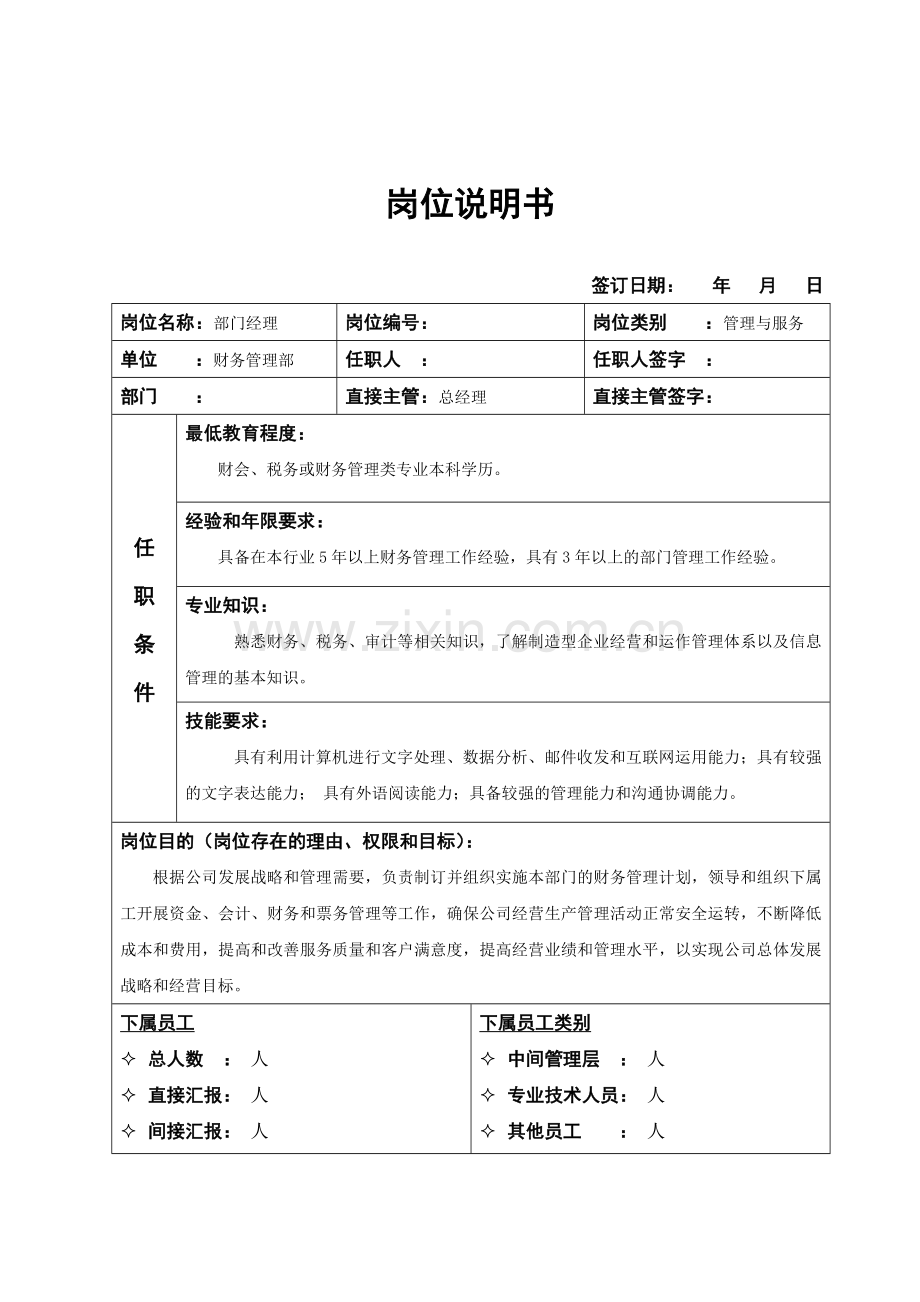 财务部岗位说明书95462557.docx_第1页