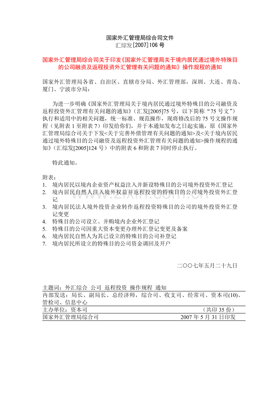 国家外汇管理局综合司关于印发《国家外汇管理局关于境内居民通过.docx_第1页