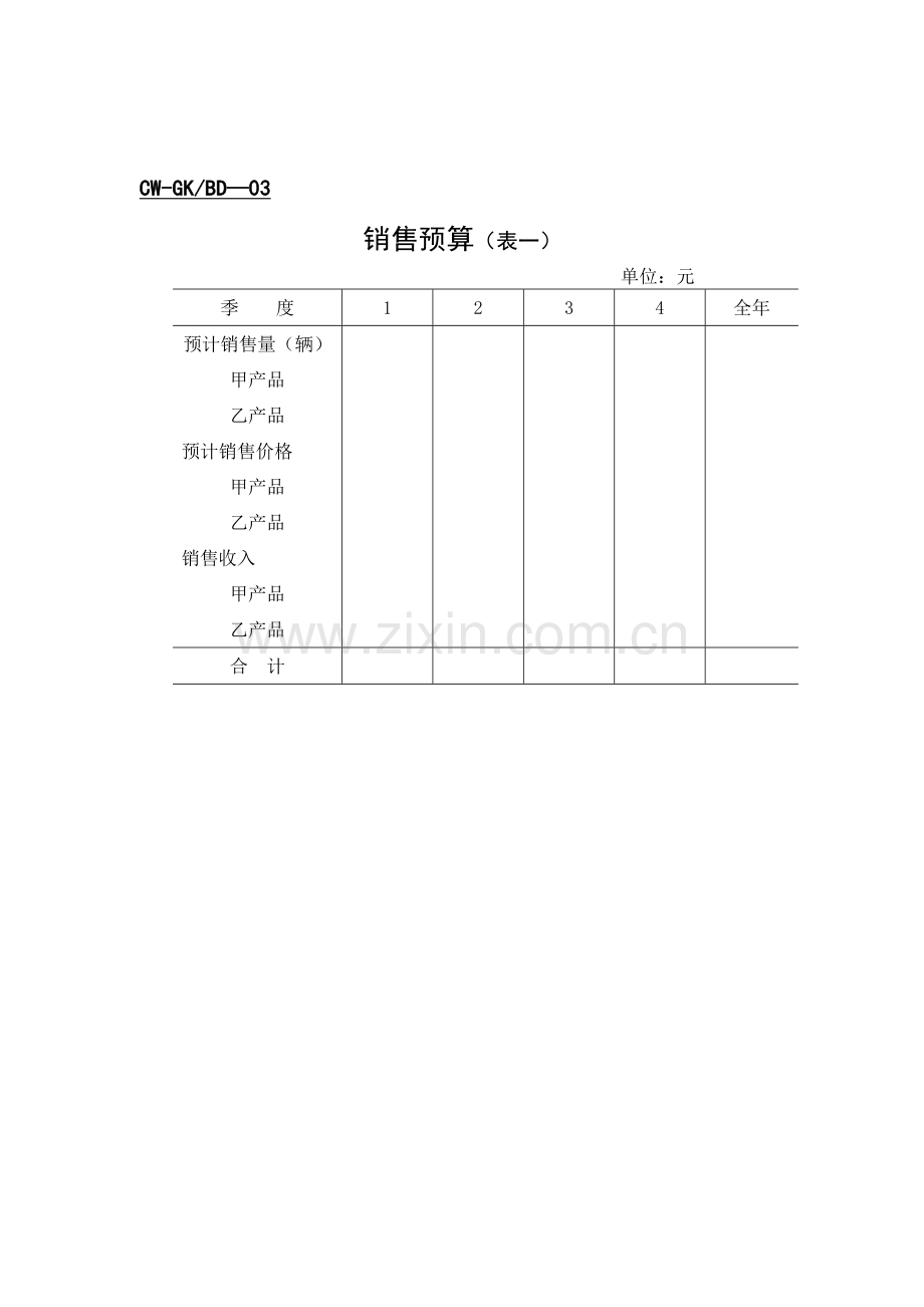 财务管理表格-全面预算表单（一）.docx_第1页