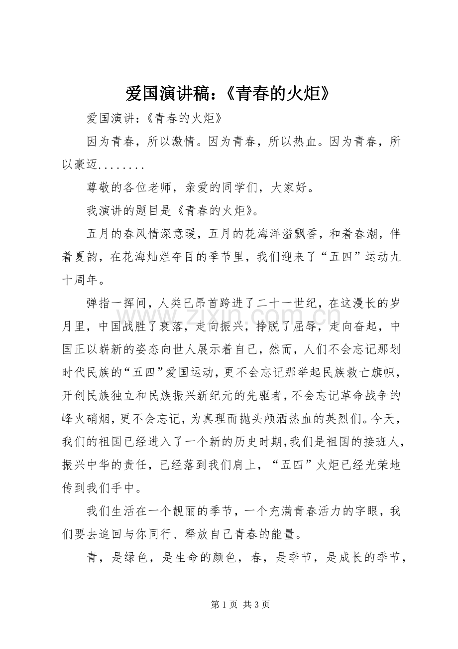 爱国演讲致辞：《青春的火炬》.docx_第1页