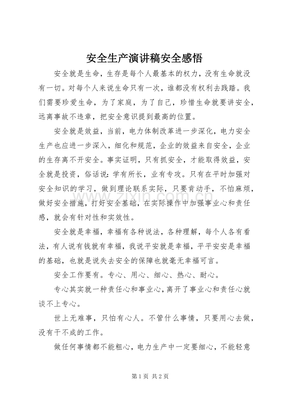 安全生产演讲致辞安全感悟.docx_第1页