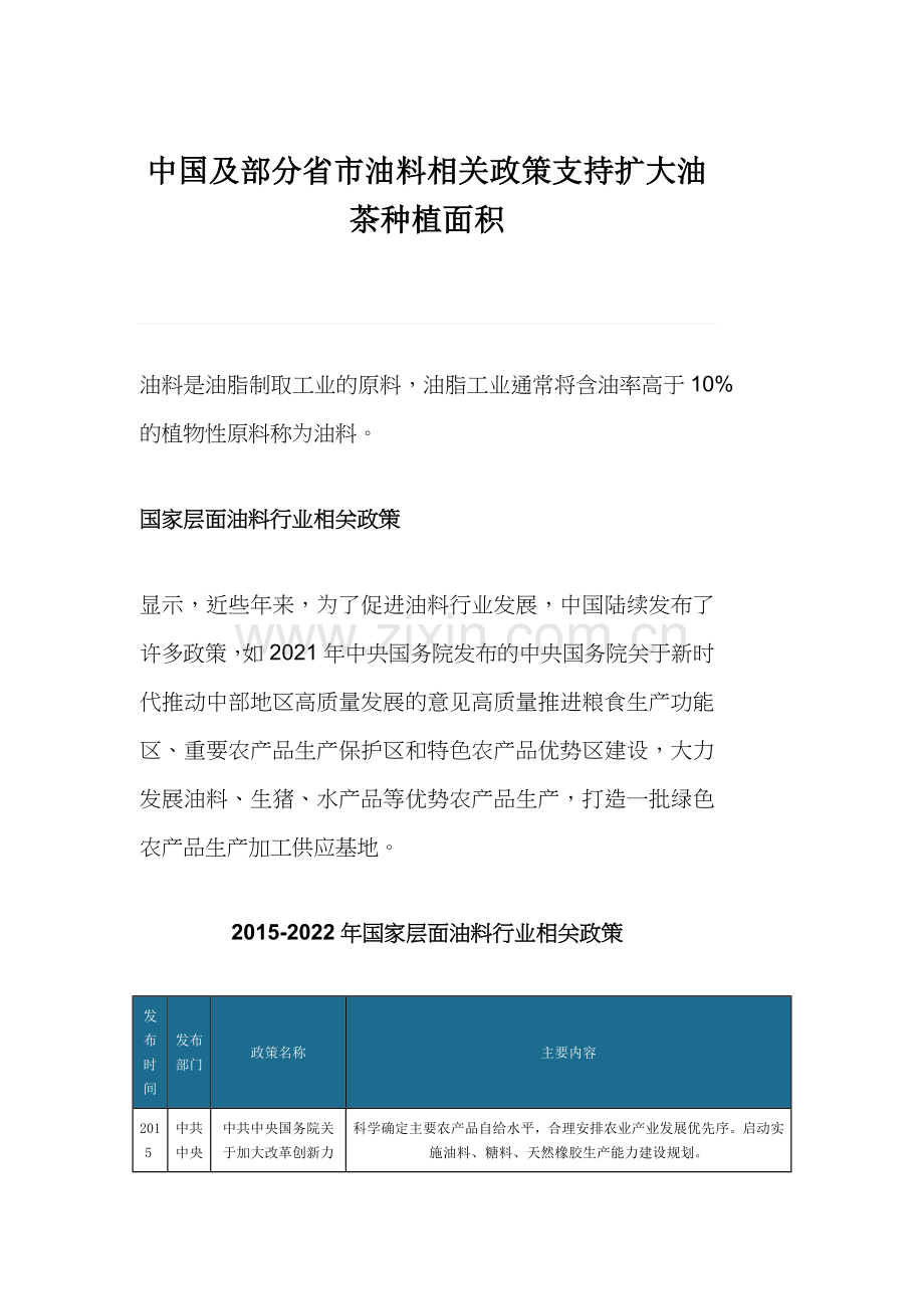 中国及部分省市油料相关政策支持扩大油茶种植面积.docx_第1页