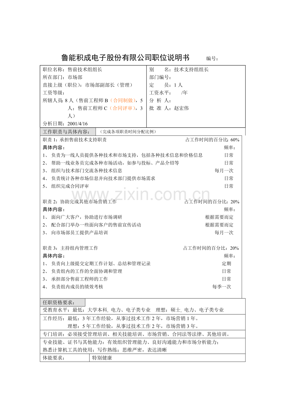 鲁能积成职位说明书(市场部售前技术组组长).docx_第1页