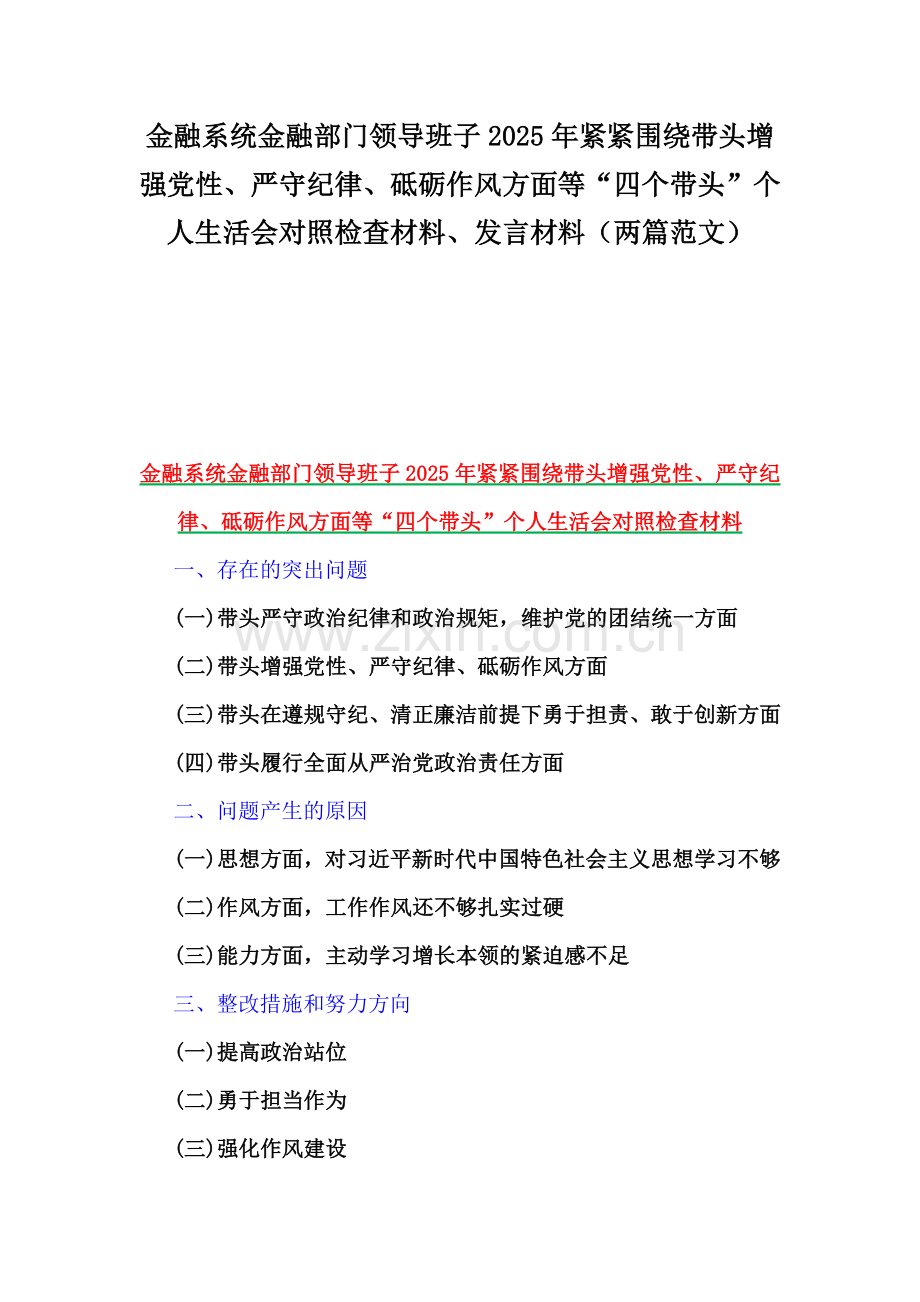 金融系统金融部门领导班子2025年紧紧围绕带头增强党性、严守纪律、砥砺作风方面等“四个带头”个人生活会对照检查材料、发言材料（两篇范文）.docx_第1页
