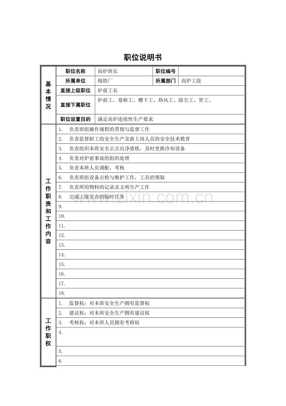 高炉工段炉前班长岗位说明书.docx_第1页