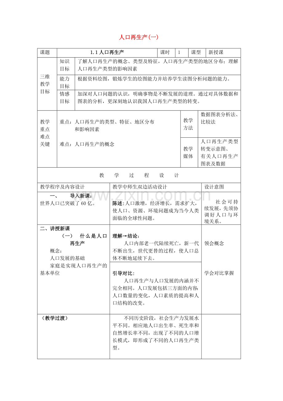 地理教案教学设计人口再生产(一).docx_第1页