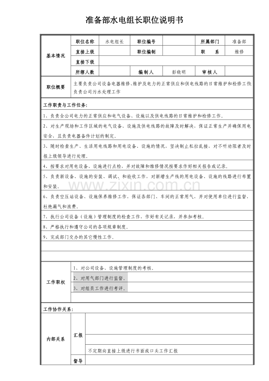 准备部水电组长职位说明书.docx_第1页