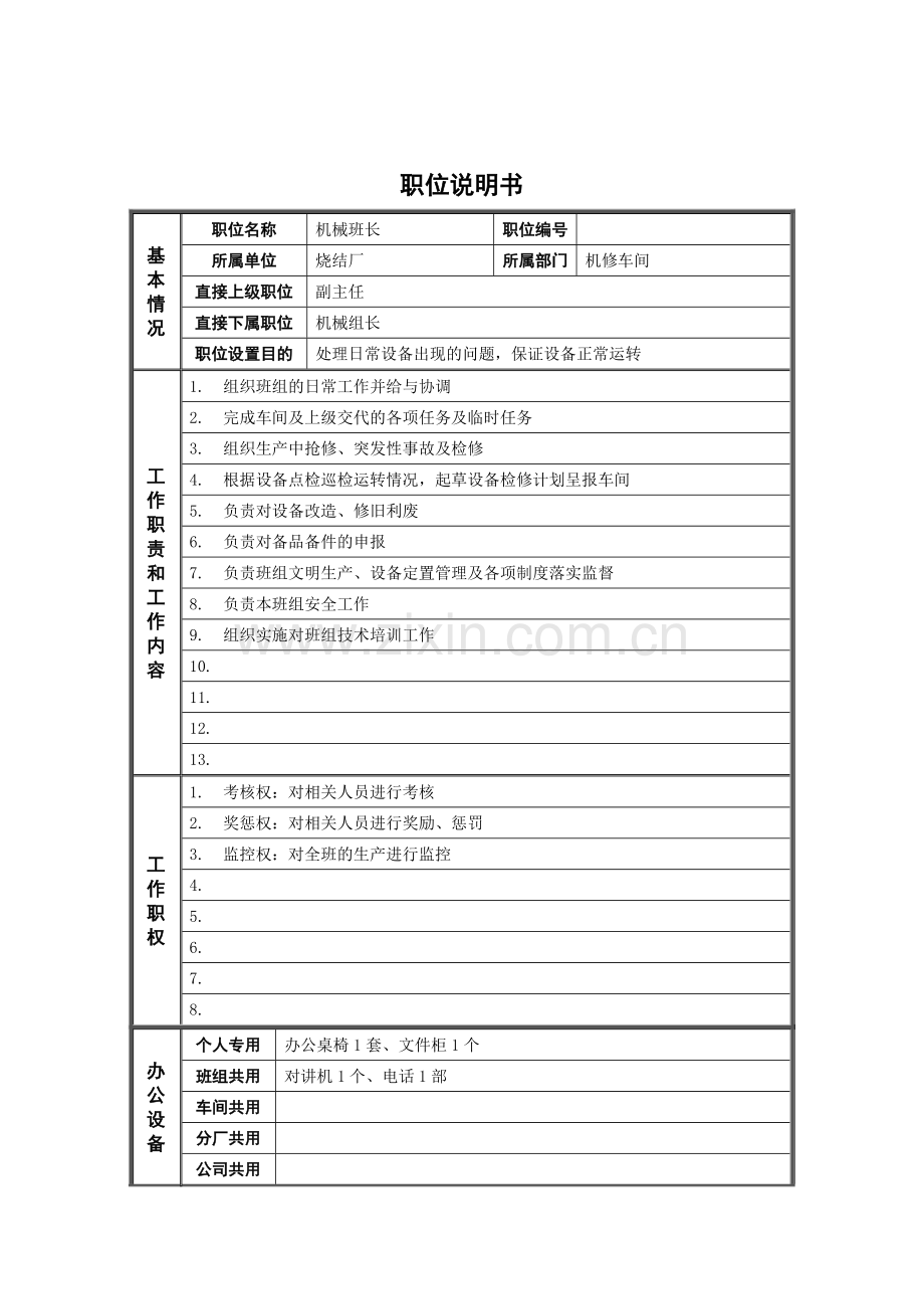 烧结厂机械班长岗位说明书.docx_第1页