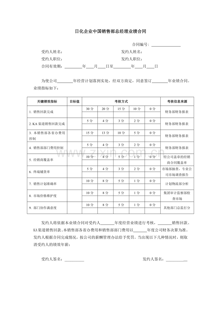 日化企业中国销售部总经理业绩合同.docx_第1页