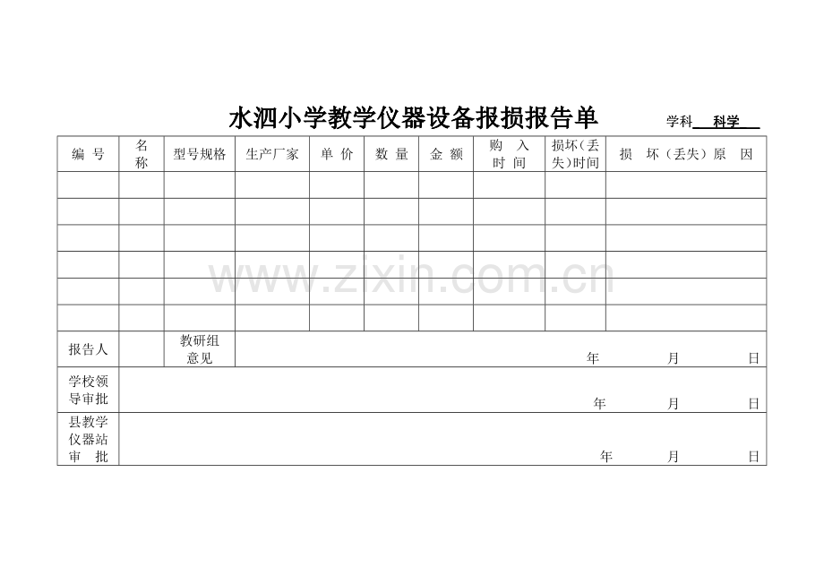 教学仪器设备报损报告单 学科.docx_第1页