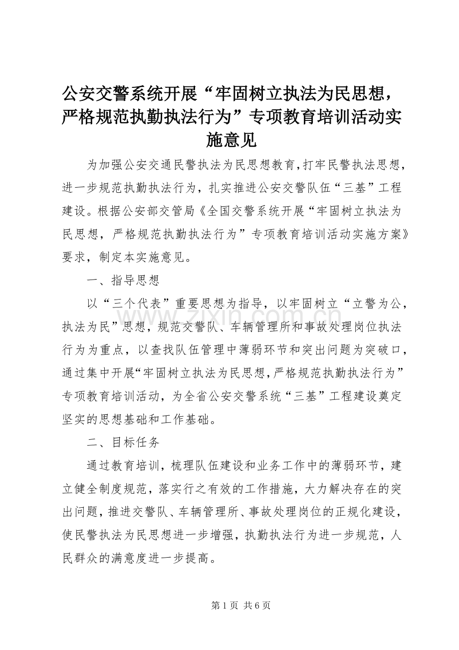 公安交警系统开展“牢固树立执法为民思想严格规范执勤执法行为”专项教育培训活动实施意见 (2).docx_第1页