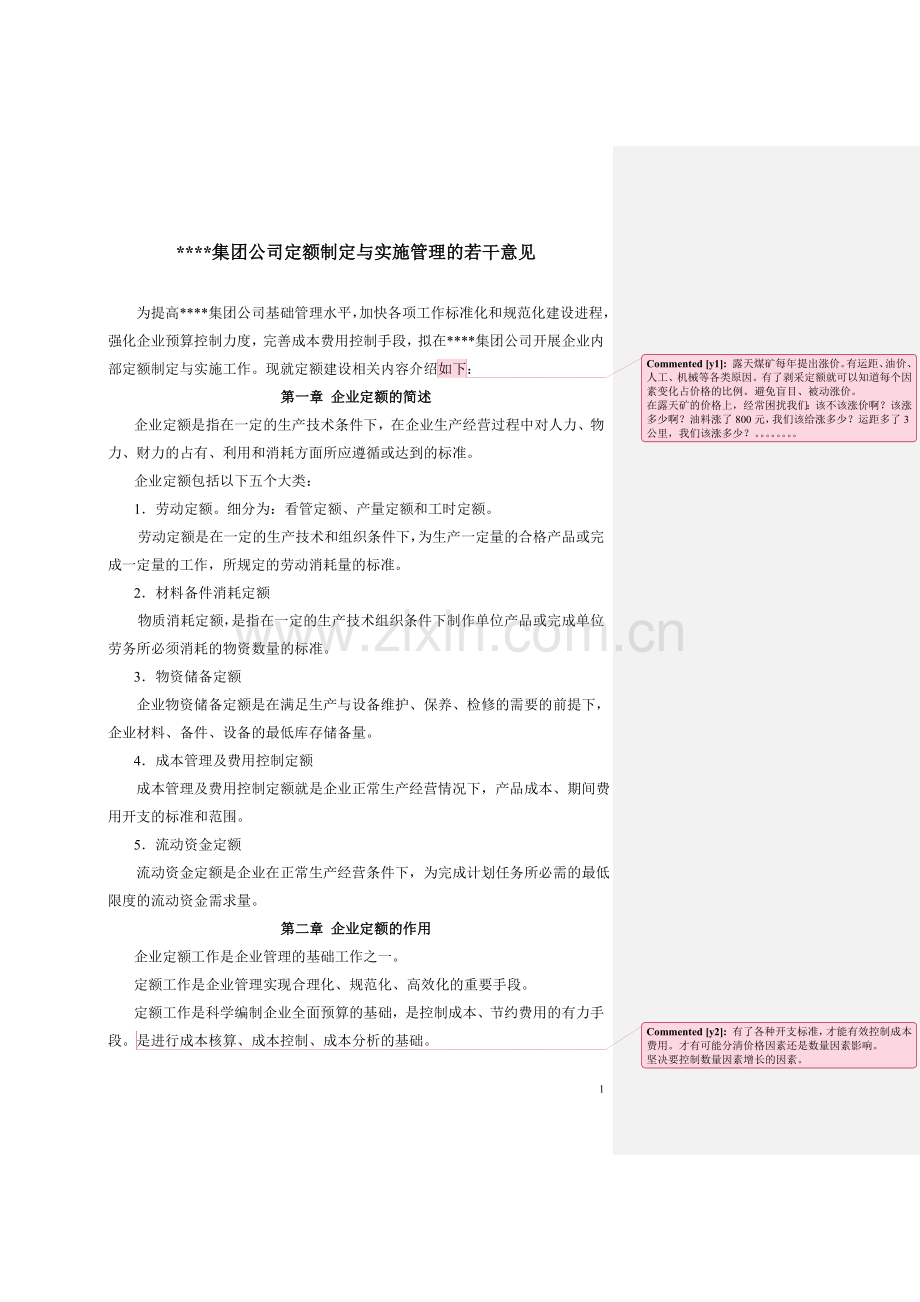 公司定额制定与实施管理的若干意见.doc_第1页