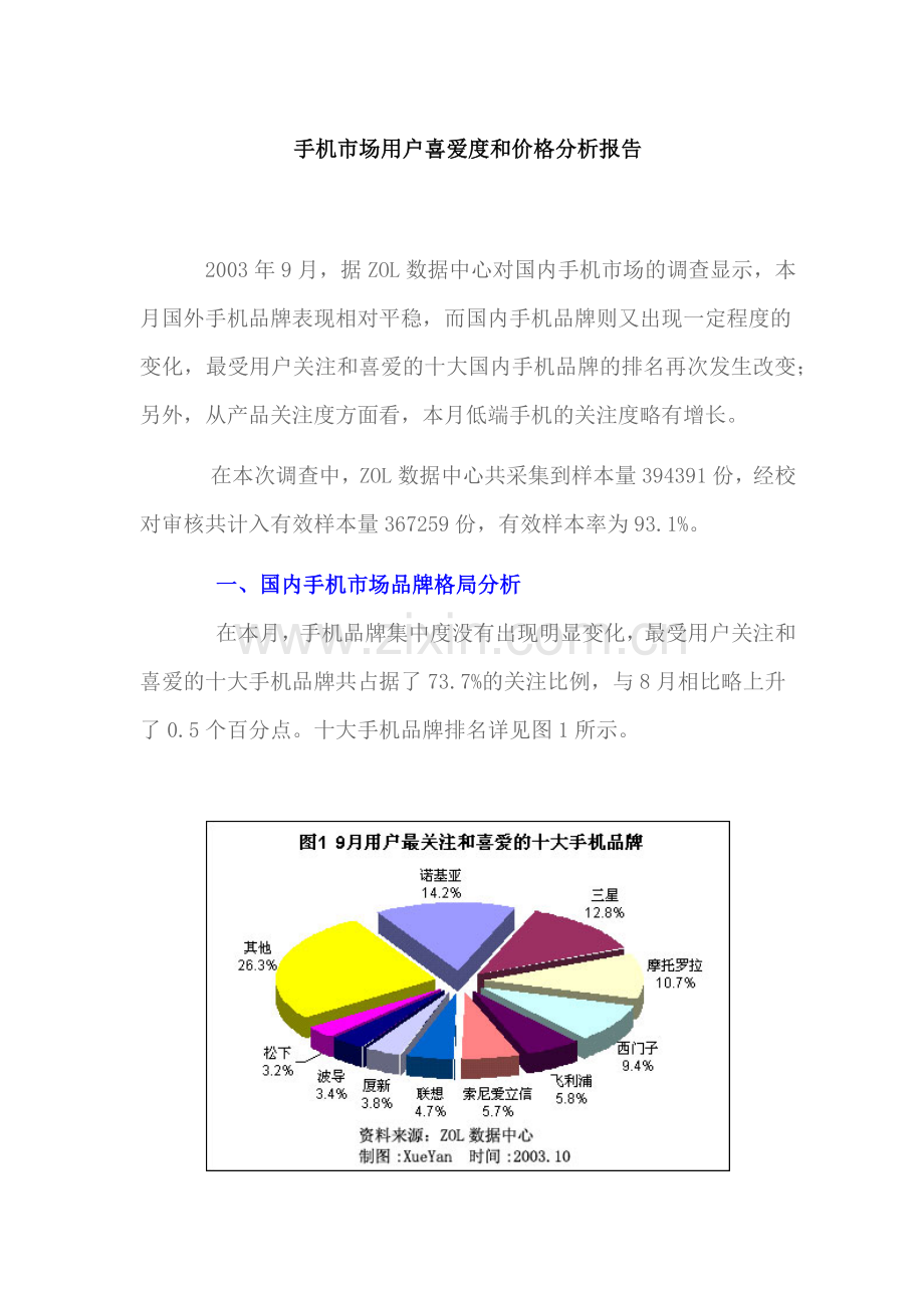 手机市场用户喜爱度和价格分析报告(1).docx_第1页