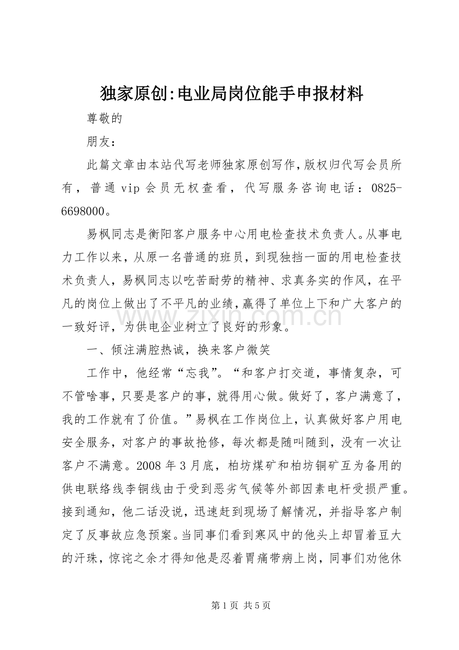 独家原创-电业局岗位能手申报材料 (2).docx_第1页