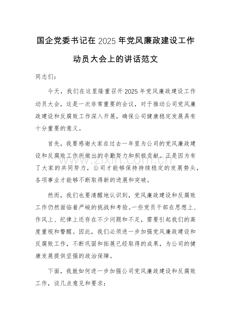 国企党委书记在2025年党风廉政建设工作动员大会上的讲话范文.docx_第1页