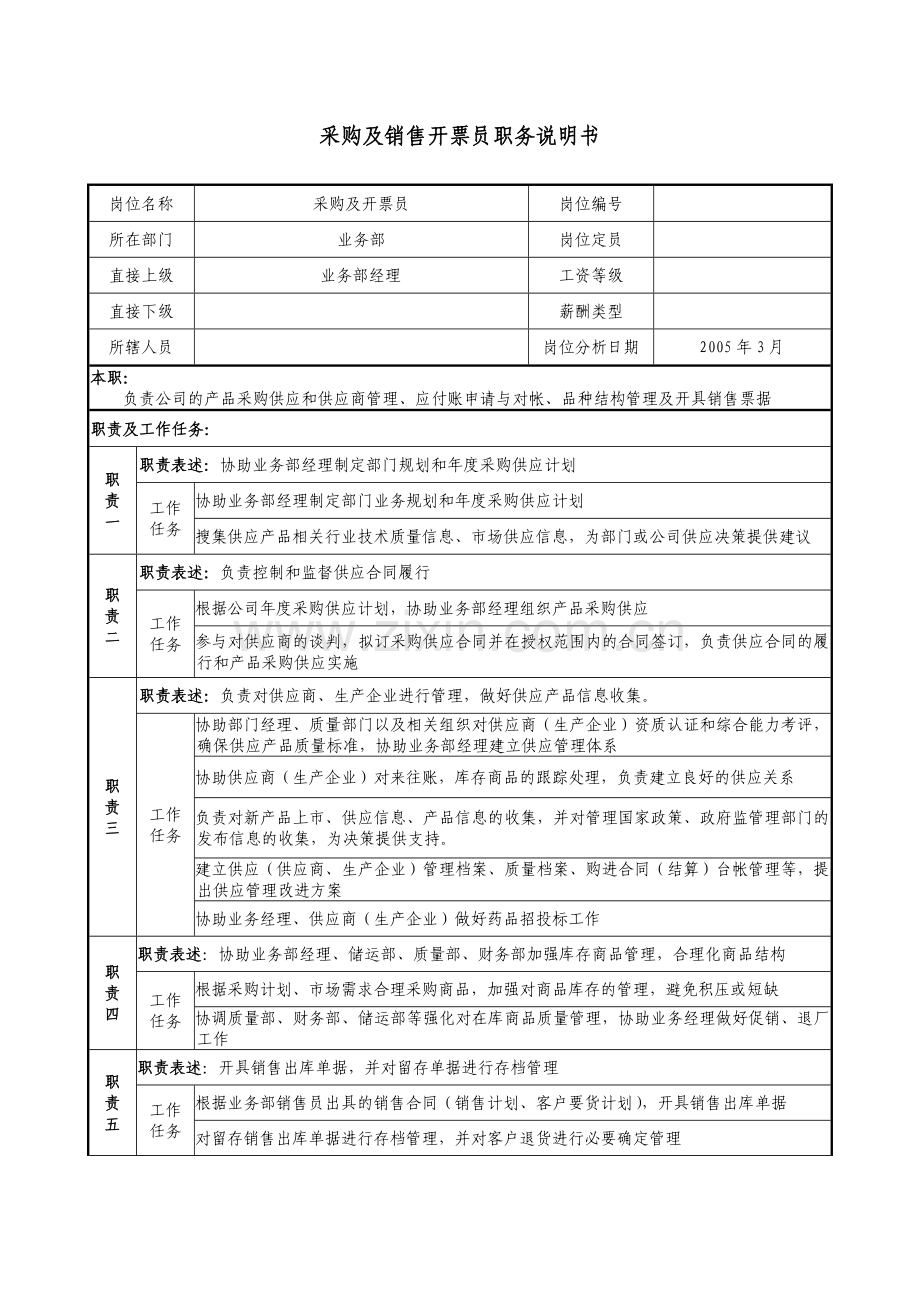 医药公司采购及销售开票员职务说明书.docx_第1页