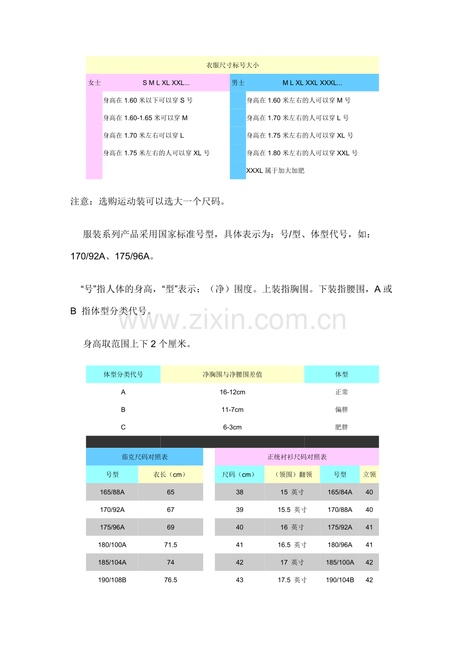 衣服尺寸标号对照表.doc_第1页