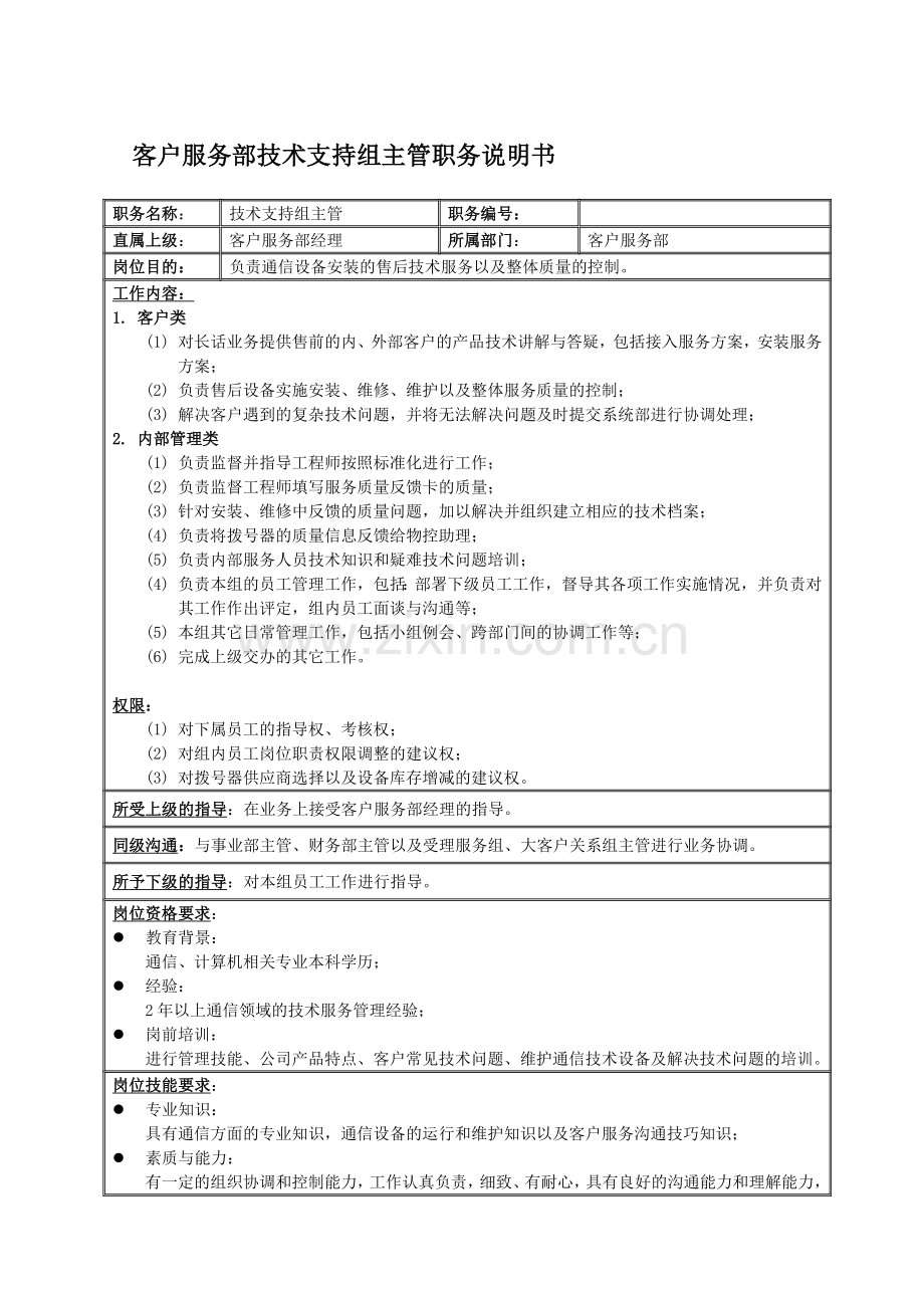 客户服务部技术支持组主管岗位说明书.docx_第1页