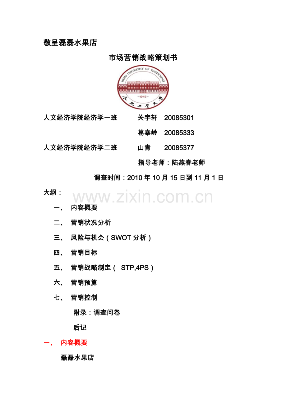 市场营销战略策划书(磊磊水果店).docx_第1页