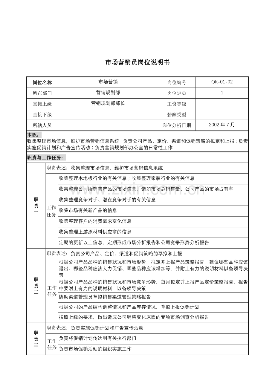 建材行业-营销规划部-市场营销员岗位说明书.docx_第1页