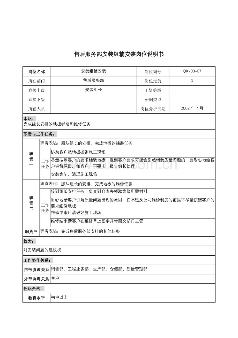 建材行业-售后服务部-安装组辅安装岗位说明书.docx_第1页