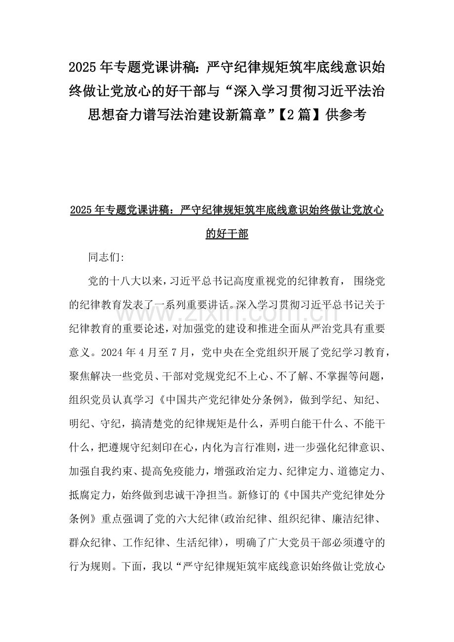 2025年专题党课讲稿：严守纪律规矩筑牢底线意识始终做让党放心的好干部与“深入学习贯彻习近平法治思想奋力谱写法治建设新篇章”【2篇】供参考.docx_第1页
