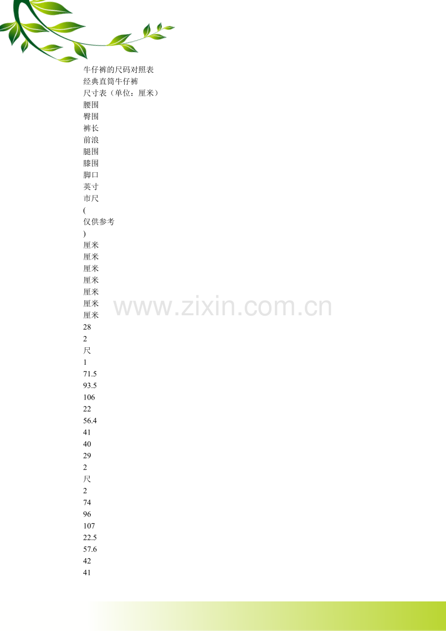 牛仔裤的尺码对照表.doc_第1页