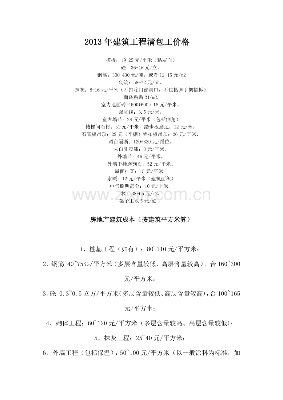 XXXX年工程清包工价格、房地产建筑成本.docx_第1页