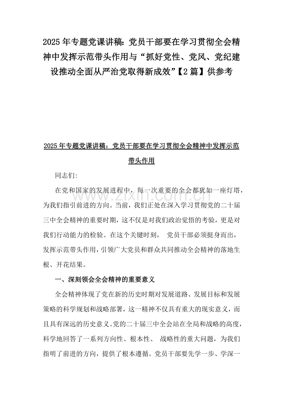 2025年专题党课讲稿：党员干部要在学习贯彻全会精神中发挥示范带头作用与“抓好党性、党风、党纪建设推动全面从严治党取得新成效”【2篇】供参考.docx_第1页