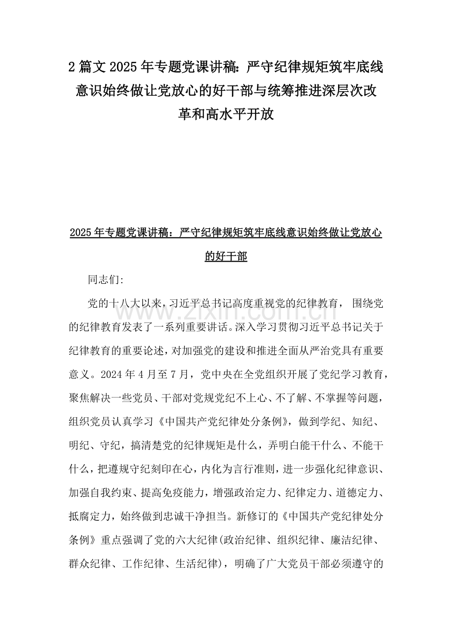 2篇文2025年专题党课讲稿：严守纪律规矩筑牢底线意识始终做让党放心的好干部与统筹推进深层次改革和高水平开放.docx_第1页