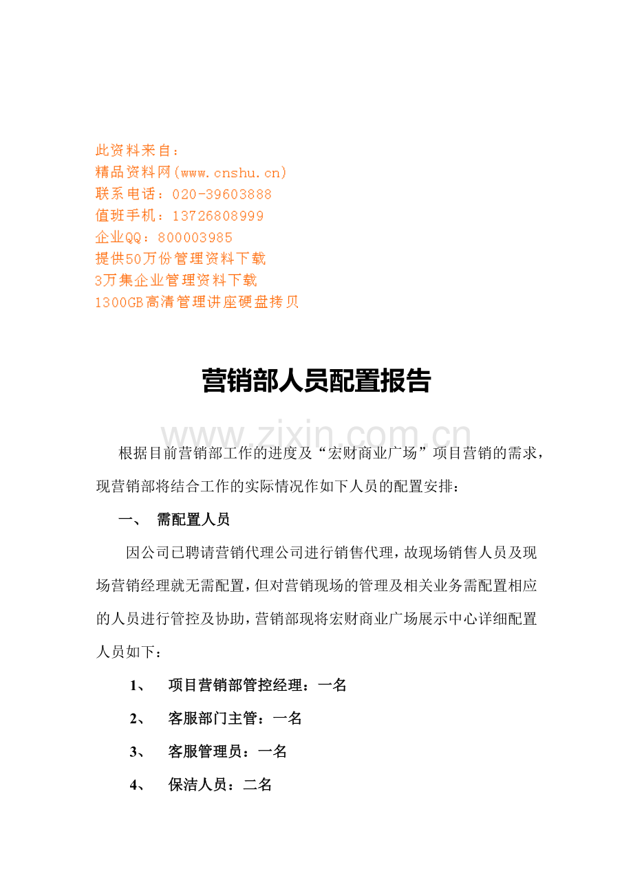 公司营销部人员配置报告.doc_第1页