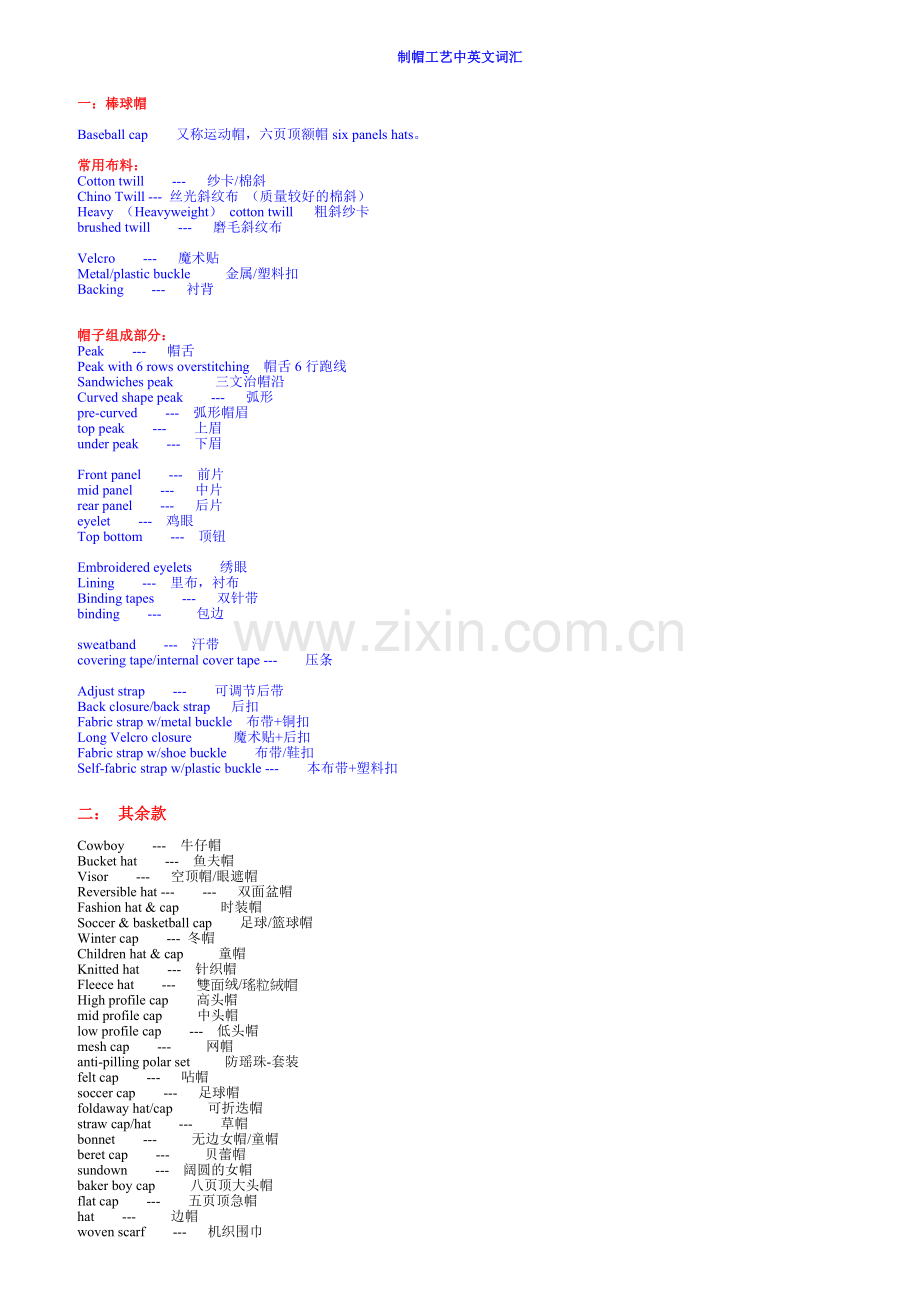 制帽工艺中英文详解词典.doc_第1页