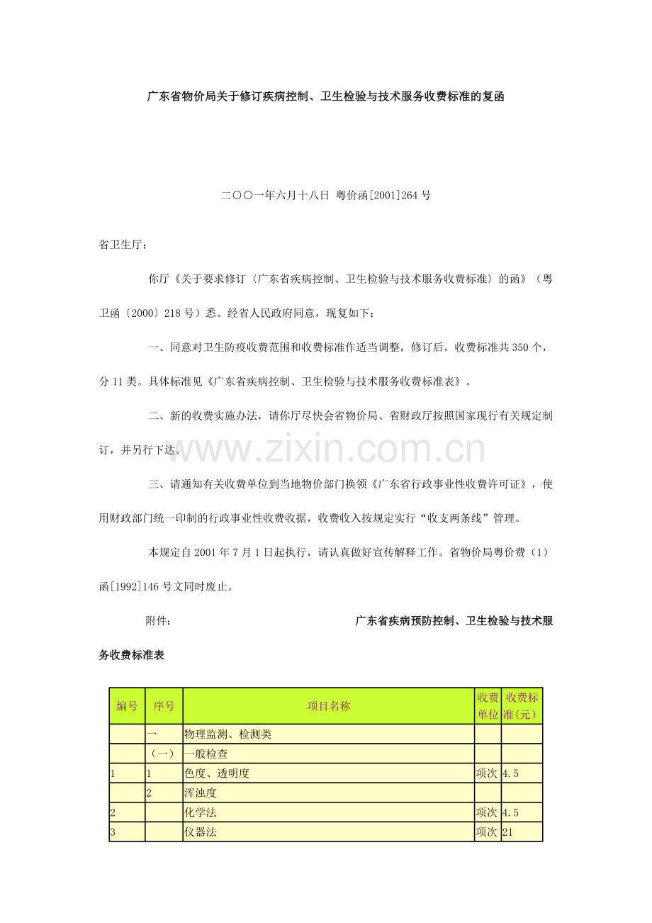 广东省物价局关于修订疾病控制、卫生检验与技术服务收费标准的复函.docx_第1页
