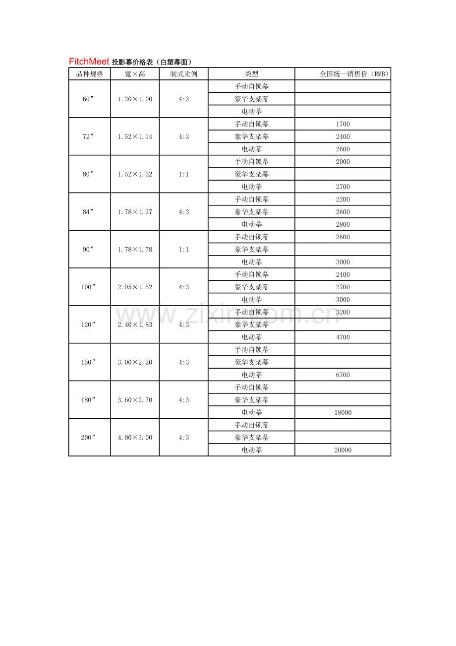 FitchMeet投影幕价格表(白塑幕面).docx_第1页