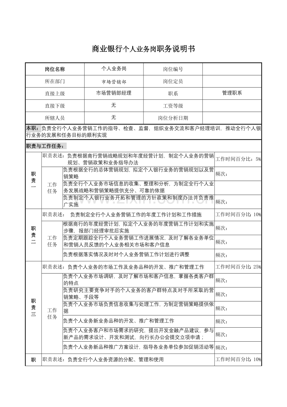 商业银行个人业务岗职务说明书.docx_第1页